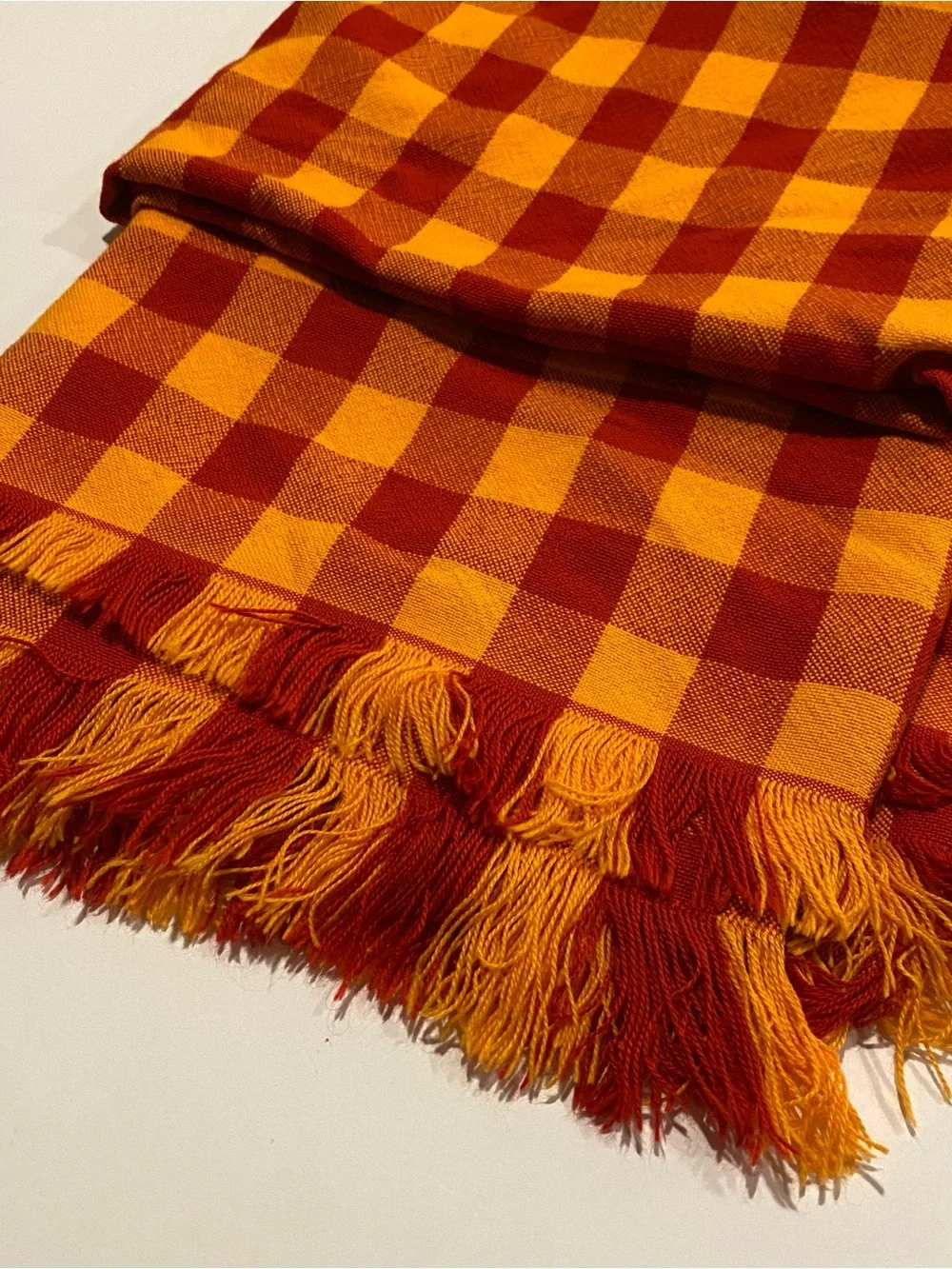 Vintage Red & Orange Checkered Fringed Fabric Tablecloth 92”x55”